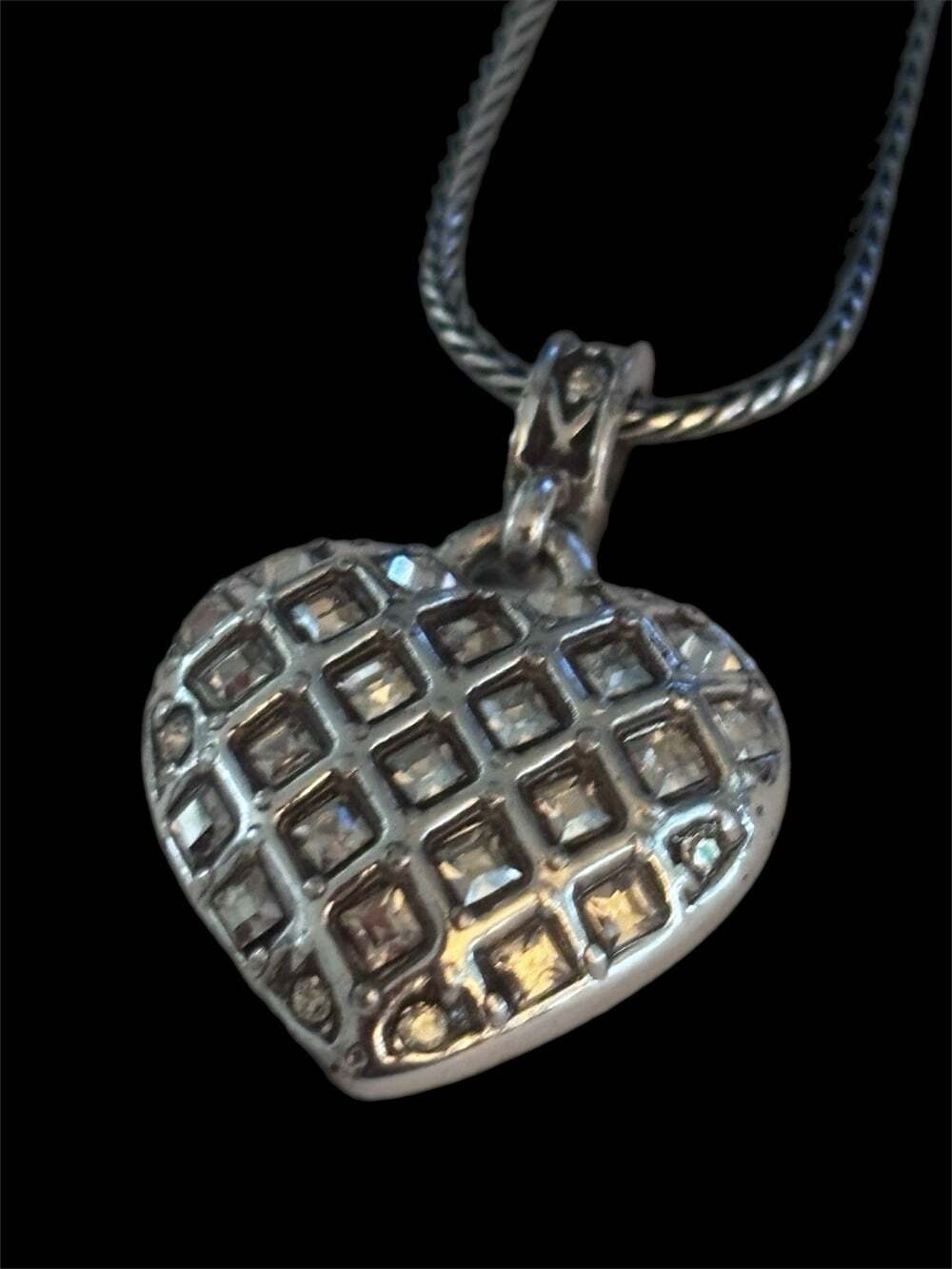 Brighton Silver Tone "What We Think We Become" Puff Heart Necklace White Crystal